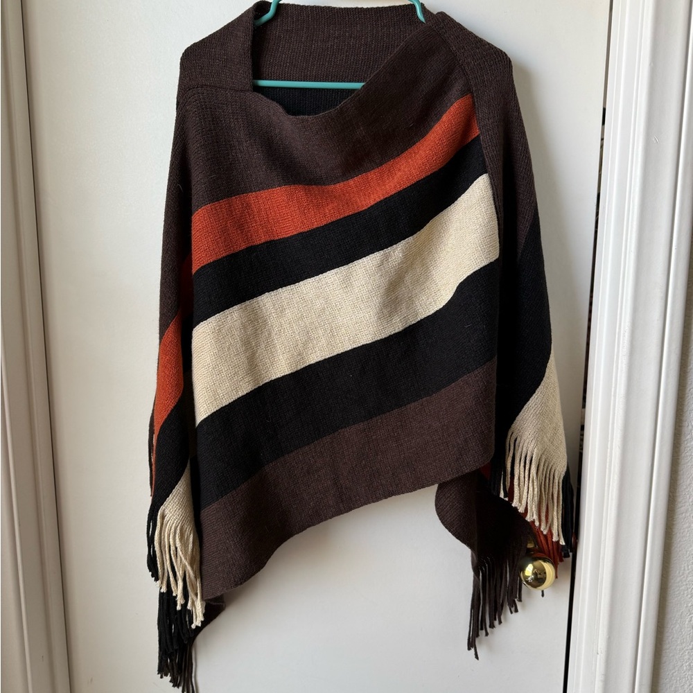 Chic Multicolor Striped Poncho with Fringe